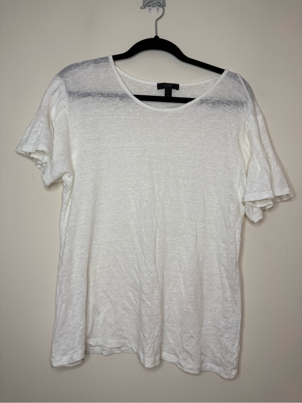 J CREW 100% Linen Beachy Lagenlook White Pleated Ruffle Sleeve Blouse Top